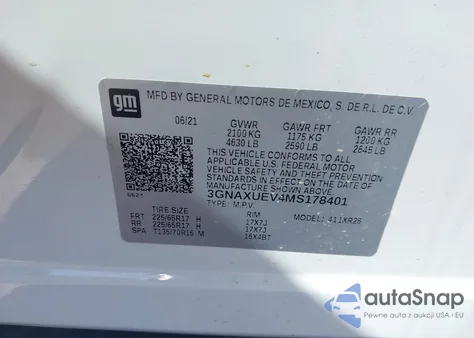 2021 Chevrolet Equinox Awd Lt z USA, uszkodzony, nr VIN 3GNAXUEV4MS178401